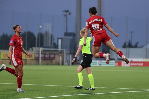 Maria Farrugia (right) of Malta reacts in celebration after scoring the 1-1 goal during the FIFA Women™s World Cup 2027 European qualifiers League B, Group B2 soccer match between Malta and Nothern Ireland at the Centenary Stadium, Ta™ Qali, Malta on 18 April 2026. Women™s European Qualifiers - Malta v Northern Ireland