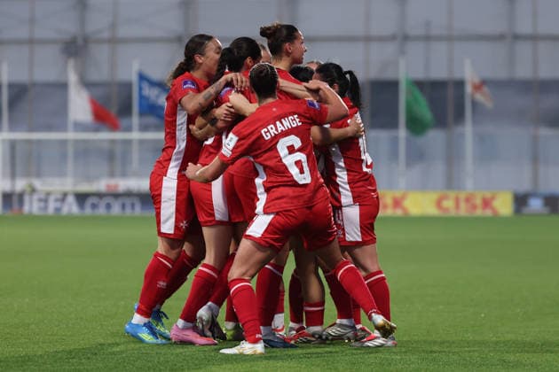 Malta players react in celebration after scoring the 1-1 goal during the FIFA Women™s World Cup 2027 European qualifiers League B, Group B2 soccer match between Malta and Nothern Ireland at the Centenary Stadium, Ta™ Qali, Malta on 18 April 2026. Women™s European Qualifiers - Malta v Northern Ireland