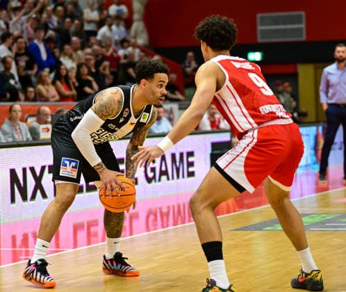 Daniel Norl, Maxi Begue 2 Bundesliga Pro A, 32 Matchday, 46ers, Basketball, Basketball season 2025 2026, BBL, Cologne in red, Germany, Giessen 46ers RheinStars Cologne, Giessen in black, Men, Men