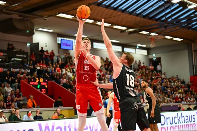 Till Gloger, Björn Rohwer 2 Bundesliga Pro A, 32 Matchday, 46ers, Basketball, Basketball season 2025 2026, BBL, Cologne in red, Germany, Giessen 46ers RheinStars Cologne, Giessen in black, Men, Men