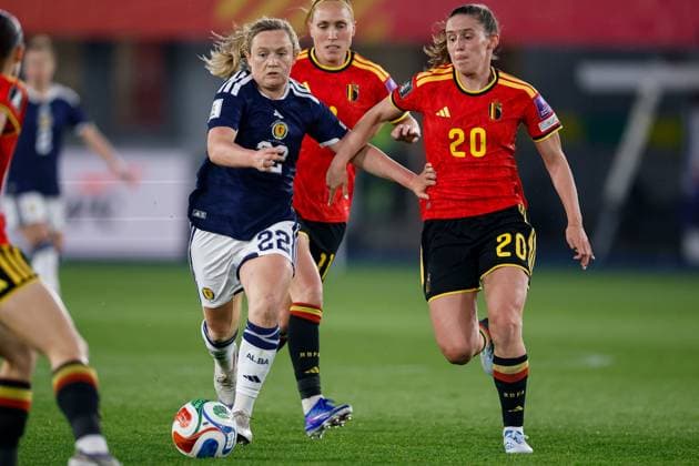 Erin Cuthbert of Scotland Women and Marie Detruyer of Belgium Women chase after the ball Belgium Women v Scotland Women, FIFA 2027 Women s World Cup Qualifying, Football, The King Power At Den Dreef Stadium, Leuven, Belgium - 18 Apr 2026Leuven The King Power At Den Dreef Stad Belgium EDITORIAL USE ONLY No use with unauthorised audio, video, data, fixture lists, club league logos or live services. Online in-match use limited to 120 images, no video emulation. No use in betting, games or single club league player publications. Copyright: xMauricexvanxSteen Shutterstockx 16832024i