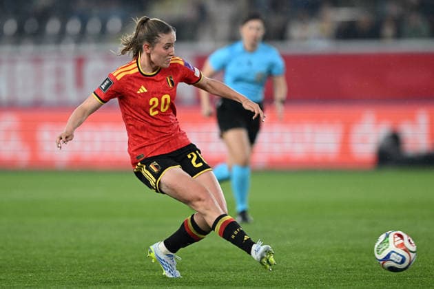 20260418 BELGIUM VS SCOTLAND Marie Detruyer (20) of Belgium pictured during a women football game between the national teams of Belgium, called the Red Flames and Scotland on the 4th matchday in the league phase of the Uefa Womens Qualifiers, on Saturday 18 April 2026 in Leuven , BELGIUM . Photo Sportpix David Catry Leuven BELGIUM  Copyright: xDavidxCatryx 20260418DC2_3079