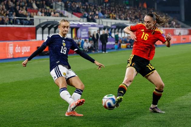 Lauren Davidson of Scotland Women crosses the ball past Zenia Mertens of Belgium Women Belgium Women v Scotland Women, FIFA 2027 Women s World Cup Qualifying, Football, The King Power At Den Dreef Stadium, Leuven, Belgium - 18 Apr 2026Leuven The King Power At Den Dreef Stad Belgium EDITORIAL USE ONLY No use with unauthorised audio, video, data, fixture lists, club league logos or live services. Online in-match use limited to 120 images, no video emulation. No use in betting, games or single club league player publications. Copyright: xMauricexvanxSteen Shutterstockx 16832024j