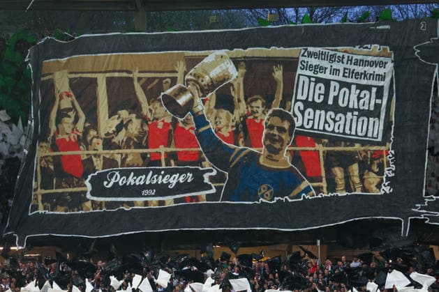 2 Bundesliga Hannover 96 SC Paderborn on 18 04 2026 in the Heinz von Heiden Arena in Hannover The Hannover 96 fans in the north curve with a choreo, choreography, choreography, here a detail excerpt Cup winner MH