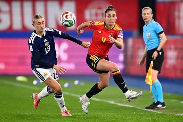 Belgium v Scotland - FIFA Women s World Cup 2027 League Phase LEUVEN, BELGIUM - APRIL 18 : Davidson Lauren of Scotland and Tysiak Amber of Belgium during the FIFA Women s World Cup 2027 League Phase between Belgium and Scotland on April 18, 2026 in Leuven, Belgium, 18 04 2026 Leuven Belgium  Copyright: xTomasxSiskx