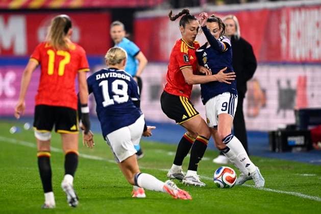 Belgium v Scotland - FIFA Women s World Cup 2027 League Phase LEUVEN, BELGIUM - APRIL 18 : Tysiak Amber of Belgium and Weir Caroline of Scotland during the FIFA Women s World Cup 2027 League Phase between Belgium and Scotland on April 18, 2026 in Leuven, Belgium, 18 04 2026 Leuven Belgium  Copyright: xTomasxSiskx