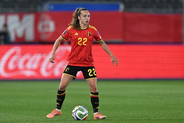 20260418 BELGIUM VS SCOTLAND Jasmien Mathys (22) of Belgium pictured during a women football game between the national teams of Belgium, called the Red Flames and Scotland on the 4th matchday in the league phase of the Uefa Womens Qualifiers, on Saturday 18 April 2026 in Leuven , BELGIUM . Photo Sportpix David Catry Leuven BELGIUM  Copyright: xDavidxCatryx 20260418DC2_3434