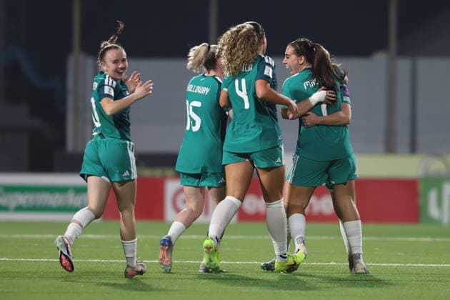 Ellie Mason (right) of Northern Ireland reacts in celebration with team mates after scoring the 0-1 goal during the FIFA Women™s World Cup 2027 European qualifiers League B, Group B2 soccer match between Malta and Nothern Ireland at the Centenary Stadium, Ta™ Qali, Malta on 18 April 2026. Women™s European Qualifiers - Malta v Northern Ireland
