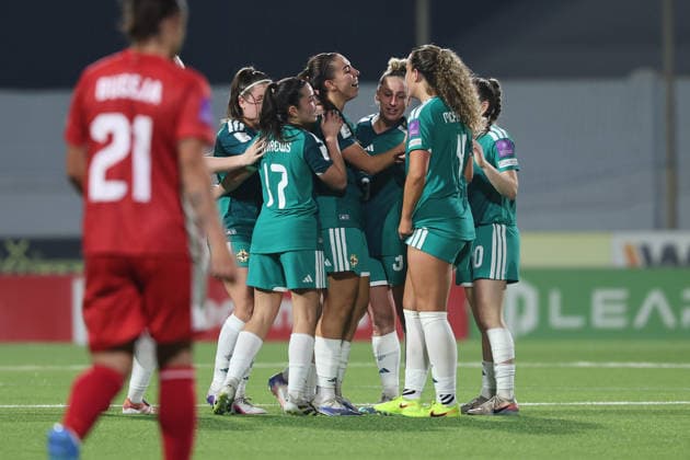 Ellie Mason (centre) of Northern Ireland reacts in celebration with team mates after scoring the 0-1 goal during the FIFA Women™s World Cup 2027 European qualifiers League B, Group B2 soccer match between Malta and Nothern Ireland at the Centenary Stadium, Ta™ Qali, Malta on 18 April 2026. Women™s European Qualifiers - Malta v Northern Ireland
