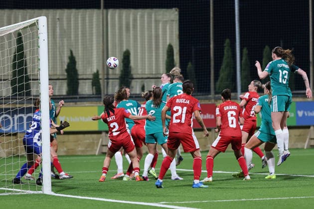 Natalie Johnson (top, centre) of Northern Ireland scores the 1-3 goal during the FIFA Women™s World Cup 2027 European qualifiers League B, Group B2 soccer match between Malta and Nothern Ireland at the Centenary Stadium, Ta™ Qali, Malta on 18 April 2026. Women™s European Qualifiers - Malta v Northern Ireland