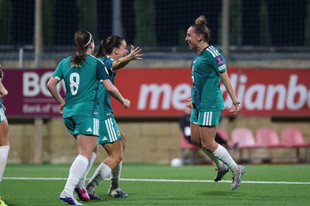 Natalie Johnson (right) of Northern Ireland reacts in celebration after scoring the 1-3 goal during the FIFA Women™s World Cup 2027 European qualifiers League B, Group B2 soccer match between Malta and Nothern Ireland at the Centenary Stadium, Ta™ Qali, Malta on 18 April 2026. Women™s European Qualifiers - Malta v Northern Ireland