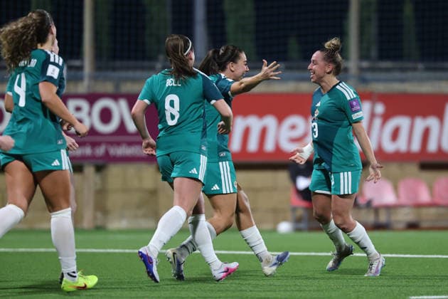 Natalie Johnson (right) of Northern Ireland reacts in celebration after scoring the 1-3 goal during the FIFA Women™s World Cup 2027 European qualifiers League B, Group B2 soccer match between Malta and Nothern Ireland at the Centenary Stadium, Ta™ Qali, Malta on 18 April 2026. Women™s European Qualifiers - Malta v Northern Ireland