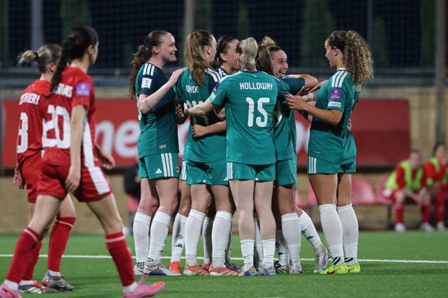 Natalie Johnson (2nd right) of Northern Ireland reacts in celebration with team mates after scoring the 1-3 goal during the FIFA Women™s World Cup 2027 European qualifiers League B, Group B2 soccer match between Malta and Nothern Ireland at the Centenary Stadium, Ta™ Qali, Malta on 18 April 2026. Women™s European Qualifiers - Malta v Northern Ireland