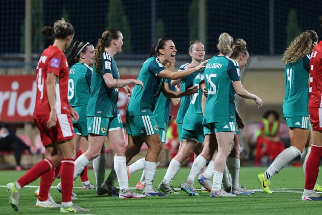 Natalie Johnson (2nd right) of Northern Ireland reacts in celebration with team mates after scoring the 1-3 goal during the FIFA Women™s World Cup 2027 European qualifiers League B, Group B2 soccer match between Malta and Nothern Ireland at the Centenary Stadium, Ta™ Qali, Malta on 18 April 2026. Women™s European Qualifiers - Malta v Northern Ireland