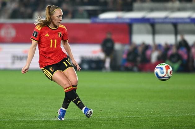 Belgium s Janice Cayman pictured in action during a soccer game between Belgium s national women s team the Red Flames and Scotland, on Saturday 18 April 2026 in Leuven, in the fourth of six games of the qualifiers for the 2027 FIFA Women s World Cup. JILLxDELSAUX  x171264135x