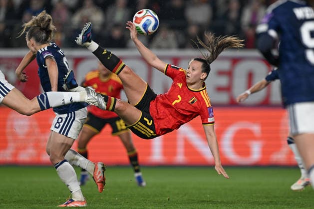 Sport Bilder des Tages 20260418 BELGIUM VS SCOTLAND Hannah Eurlings (7) of Belgium pictured in action during a women football game between the national teams of Belgium, called the Red Flames and Scotland on the 4th matchday in the league phase of the Uefa Womens Qualifiers, on Saturday 18 April 2026 in Leuven , BELGIUM . Photo Sportpix David Catry Leuven BELGIUM  Copyright: xDavidxCatryx 20260418DC2_3887