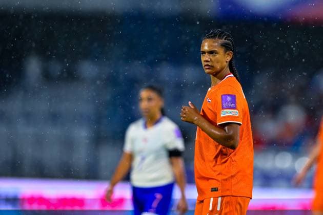 AUXERRE , 18-04-2026 , Stade de l Abbe-Deschamps , Season 2025 2026 , UEFA worldcup qualification football , match between France and The Netherlands (women) , picture shows Netherlands player Esmee Brugts France - Netherlands (women)  x203134144x Copyright: