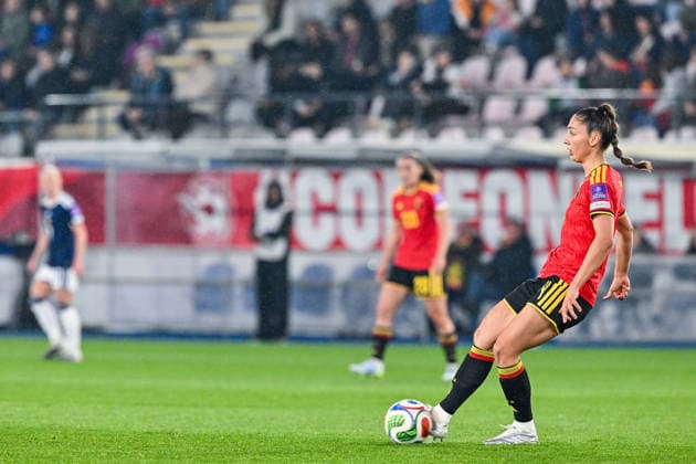 SOCCER WOMEN UEFA QUALIFIERS B4 MD4 BELGIUM VS SCOTLAND Amber Tysiak (4) of Belgium pictured during a women football game between the national teams of Belgium , called the Red Flames , and Scotland on the fourth match day in League B Group B4 in the league stage of the 2026-27 UEFA Women s European Qualifiers competition , on Saturday 18 April 2026 in Leuven , Belgium . PHOTO SPORTPIX Stijn Audooren Leuven Den Dreef Belgium  Copyright: xSportpix.bex xStijnxAudoorenxStijnxAudoorenx