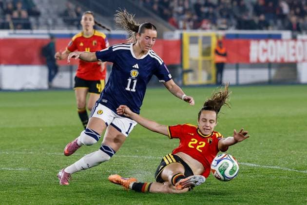 Jasmin Mathys of Belgium Women clears the ball away from Kathleen McGovern of Scotland Women Belgium Women v Scotland Women, FIFA 2027 Women s World Cup Qualifying, Football, The King Power At Den Dreef Stadium, Leuven, Belgium - 18 Apr 2026Leuven The King Power At Den Dreef Stad Belgium EDITORIAL USE ONLY No use with unauthorised audio, video, data, fixture lists, club league logos or live services. Online in-match use limited to 120 images, no video emulation. No use in betting, games or single club league player publications. Copyright: xMauricexvanxSteen Shutterstockx 16832024z