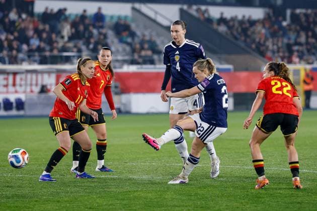 Erin Cuthbert of Scotland Women shoots at goal Belgium Women v Scotland Women, FIFA 2027 Women s World Cup Qualifying, Football, The King Power At Den Dreef Stadium, Leuven, Belgium - 18 Apr 2026Leuven The King Power At Den Dreef Stad Belgium EDITORIAL USE ONLY No use with unauthorised audio, video, data, fixture lists, club league logos or live services. Online in-match use limited to 120 images, no video emulation. No use in betting, games or single club league player publications. Copyright: xMauricexvanxSteen Shutterstockx 16832024ac