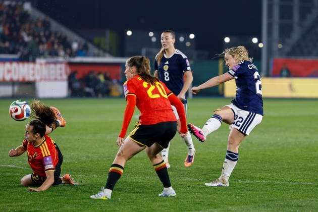 Erin Cuthbert of Scotland Women shoots at goal Belgium Women v Scotland Women, FIFA 2027 Women s World Cup Qualifying, Football, The King Power At Den Dreef Stadium, Leuven, Belgium - 18 Apr 2026Leuven The King Power At Den Dreef Stad Belgium EDITORIAL USE ONLY No use with unauthorised audio, video, data, fixture lists, club league logos or live services. Online in-match use limited to 120 images, no video emulation. No use in betting, games or single club league player publications. Copyright: xMauricexvanxSteen Shutterstockx 16832024ae