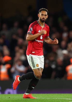 London, England, 18th April 2026. Matheus Cunha of Manchester United, ManU celebrates after scoring to make it 1-0 during the Chelsea vs Manchester United Premier League match at Stamford Bridge, London. Picture credit should read: Paul Terry Sportimage EDITORIAL USE ONLY. No use with unauthorised audio, video, data, fixture lists, club league logos or live services. Online in-match use limited to 120 images, no video emulation. No use in betting, games or single club league player publications. SPI_028_PT_Chelsea_Man_Utd SPI-4701-0028