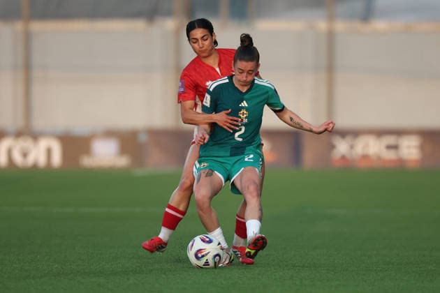 Rebecca McKenna (front) of Northern Ireland is closely followed by Maria Farrugia of Malta during the FIFA Women™s World Cup 2027 European qualifiers League B, Group B2 soccer match between Malta and Nothern Ireland at the Centenary Stadium, Ta™ Qali, Malta on 18 April 2026. Women™s European Qualifiers - Malta v Northern Ireland