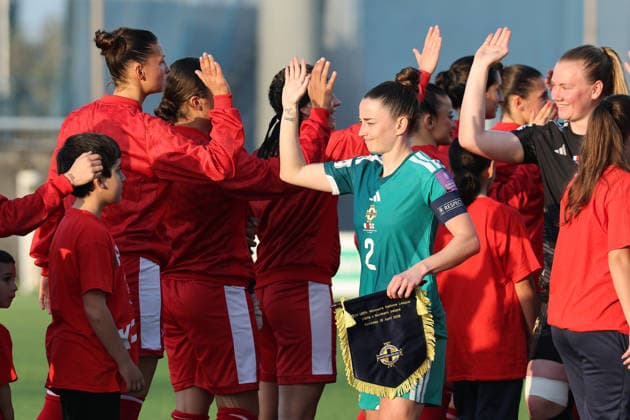 Malta and Northern Ireland players shake hands ahead of the FIFA Women™s World Cup 2027 European qualifiers League B, Group B2 soccer match between Malta and Nothern Ireland at the Centenary Stadium, Ta™ Qali, Malta on 18 April 2026. Women™s European Qualifiers - Malta v Northern Ireland