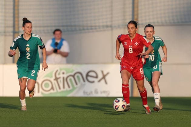 Rachel Cuschieri of Malta is in action during the FIFA Women™s World Cup 2027 European qualifiers League B, Group B2 soccer match between Malta and Nothern Ireland at the Centenary Stadium, Ta™ Qali, Malta on 18 April 2026. Women™s European Qualifiers - Malta v Northern Ireland