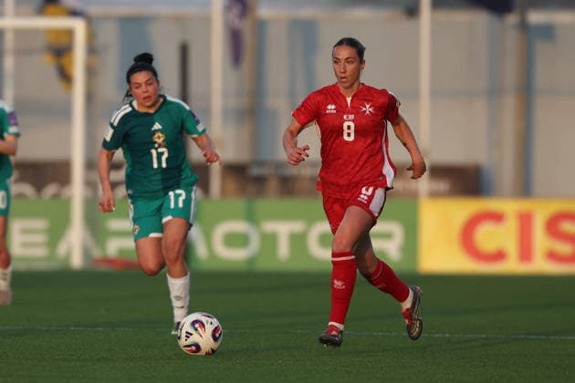 Rachel Cuschieri of Malta is in action during the FIFA Women™s World Cup 2027 European qualifiers League B, Group B2 soccer match between Malta and Nothern Ireland at the Centenary Stadium, Ta™ Qali, Malta on 18 April 2026. Women™s European Qualifiers - Malta v Northern Ireland