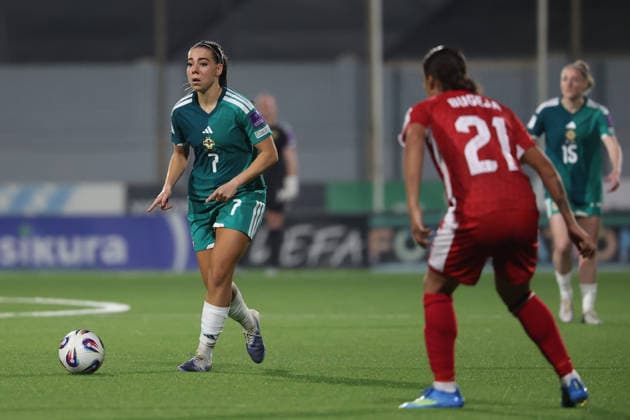 Ellie Mason of Northern Ireland (left) of Northern Ireland is in action during the FIFA Women™s World Cup 2027 European qualifiers League B, Group B2 soccer match between Malta and Nothern Ireland at the Centenary Stadium, Ta™ Qali, Malta on 18 April 2026. Women™s European Qualifiers - Malta v Northern Ireland