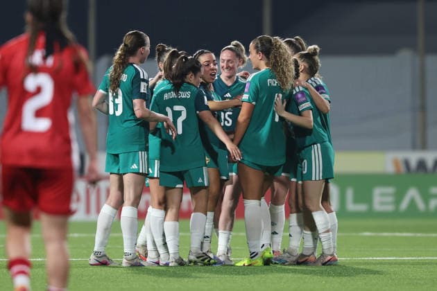 Ellie Mason of Northern Ireland (centre) of Northern Ireland reacts in celebration with team mates after scoring the 1-2 goal during the FIFA Women™s World Cup 2027 European qualifiers League B, Group B2 soccer match between Malta and Nothern Ireland at the Centenary Stadium, Ta™ Qali, Malta on 18 April 2026. Women™s European Qualifiers - Malta v Northern Ireland