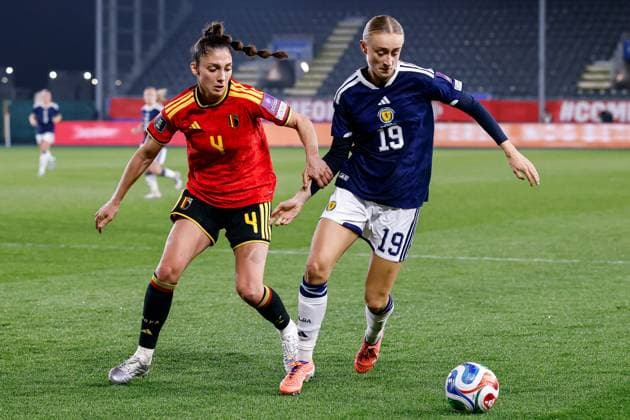Lauren Davidson of Scotland Women projects the ball from Isabelle Iliano of Belgium Women Belgium Women v Scotland Women, FIFA 2027 Women s World Cup Qualifying, Football, The King Power At Den Dreef Stadium, Leuven, Belgium - 18 Apr 2026Leuven The King Power At Den Dreef Stad Belgium EDITORIAL USE ONLY No use with unauthorised audio, video, data, fixture lists, club league logos or live services. Online in-match use limited to 120 images, no video emulation. No use in betting, games or single club league player publications. Copyright: xMauricexvanxSteen Shutterstockx 16832024au