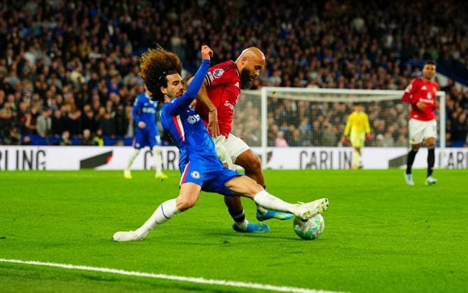 Marc Cucurella of Chelsea tackles Bryan Mbeumo of Manchester United, ManU Chelsea v Manchester United, Premier League, Football, Stamford Bridge, London, UK - 18 Apr 2026London Stamford Bridge United Kingdom EDITORIAL USE ONLY No use with unauthorised audio, video, data, fixture lists, club league logos or live services. Online in-match use limited to 120 images, no video emulation. No use in betting, games or single club league player publications. Copyright: xJavierxGarcia Shutterstockx 16832178av