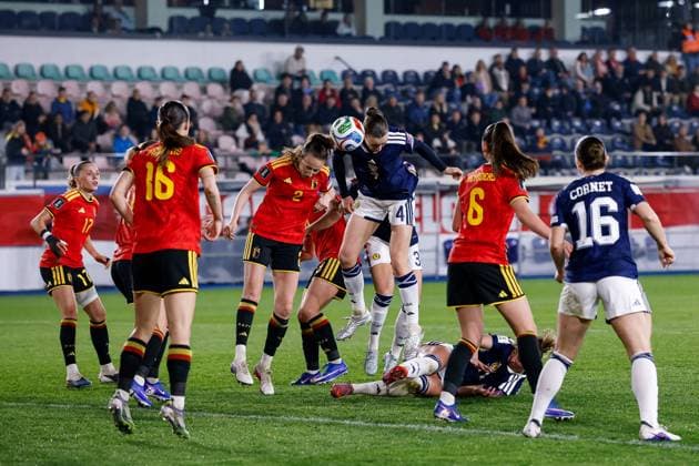 Jenna Clark of Scotland Women and Sari Kees of Belgium Women compete to win a header Belgium Women v Scotland Women, FIFA 2027 Women s World Cup Qualifying, Football, The King Power At Den Dreef Stadium, Leuven, Belgium - 18 Apr 2026Leuven The King Power At Den Dreef Stad Belgium EDITORIAL USE ONLY No use with unauthorised audio, video, data, fixture lists, club league logos or live services. Online in-match use limited to 120 images, no video emulation. No use in betting, games or single club league player publications. Copyright: xMauricexvanxSteen Shutterstockx 16832024bi