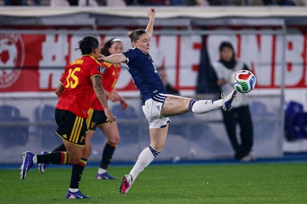 Chelsea Cornet of Scotland Women controls the ball Belgium Women v Scotland Women, FIFA 2027 Women s World Cup Qualifying, Football, The King Power At Den Dreef Stadium, Leuven, Belgium - 18 Apr 2026Leuven The King Power At Den Dreef Stad Belgium EDITORIAL USE ONLY No use with unauthorised audio, video, data, fixture lists, club league logos or live services. Online in-match use limited to 120 images, no video emulation. No use in betting, games or single club league player publications. Copyright: xMauricexvanxSteen Shutterstockx 16832024bh