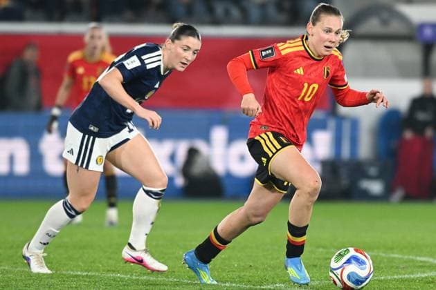 Belgium s Jarne Teulings pictured in action during a soccer game between Belgium s national women s team the Red Flames and Scotland, on Saturday 18 April 2026 in Leuven, in the fourth of six games of the qualifiers for the 2027 FIFA Women s World Cup. JILLxDELSAUX  x171272143x