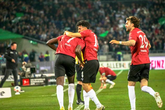 Germany Soccer 2 Bundesliga 2025 2026, Matchday 30 Hannover 96 vs SC Paderborn 07 Heinz von Heiden Arena Stadion Hannover Joy, emotions, jubilation Mustapha Bundu Hannover 96, 7 Husseyn Chakroun Hannover 96, 14 Kolja Oudenne Hannover 96, 29 Hannover Copyright: xAymanxAlahmedx
