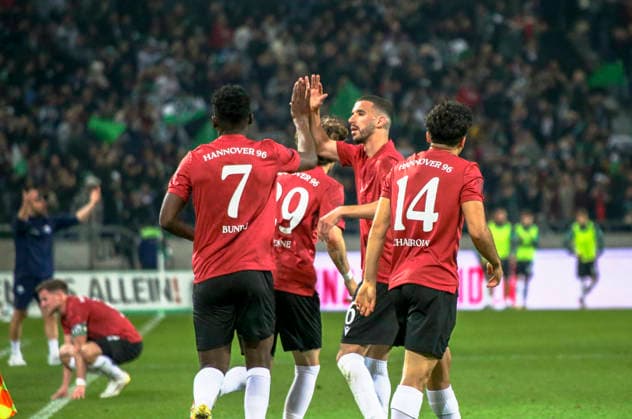 Germany Soccer 2 Bundesliga 2025 2026, 30 Matchday Hannover 96 vs SC Paderborn 07 Heinz von Heiden Arena Stadion Hannover Joy, emotions, jubilation Mustapha Bundu Hannover 96, 7 Husseyn Chakroun Hannover 96, 14 Kolja Oudenne Hannover 96, 29 Waniss Taï¯bi Waniss Taibi Hannover 96, 26 Hannover Copyright: xAymanxAlahmedx