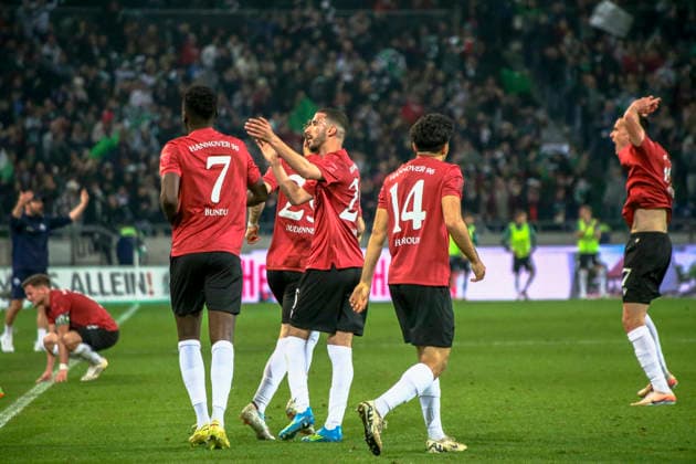 Germany Soccer 2 Bundesliga 2025 2026, 30 Matchday Hannover 96 vs SC Paderborn 07 Heinz von Heiden Arena Stadion Hannover Joy, emotions, jubilation Mustapha Bundu Hannover 96, 7 Husseyn Chakroun Hannover 96, 14 Kolja Oudenne Hannover 96, 29 Waniss Taï¯bi Waniss Taibi Hannover 96, 26 Hannover Copyright: xAymanxAlahmedx