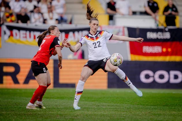 AUSTRIA - GERMANY WOMEN Chiara D Angelo of Austria and Werder Bremen and Jule Brand of Germany and Olympique Lyon during the league phase of 2027 FIFA Women s World Cup European Qualifiers League A football match between Austria and Germany. Josko Arena, Ried im Innkreis, Austria, April 18, 2026. Photo by Branislav Racko Copyright: xx 080A2228