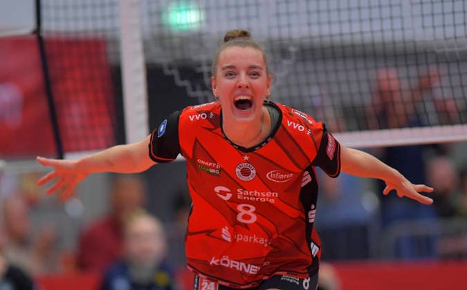 18.04.2026, Jubel Dresdens Jette Kuipers, Volleyball, Damen, Finalrunde, Dresdner SC - VfB Suhl, (c) Dresden *** 18 04 2026, Dresdens Jette Kuipers, volleyball, women, final round, Dresdner SC VfB Suhl, c Dresden