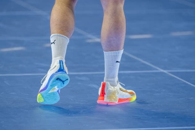 Cologne, 18 04 2026, Handball, Men, Lidl Final4, DHB Cup, Semi-final, TBV Lemgo Lippe Füchse Berlin Puma indoor shoes light up on the LED glass floor Cologne Lanxess Arena NRW Germany