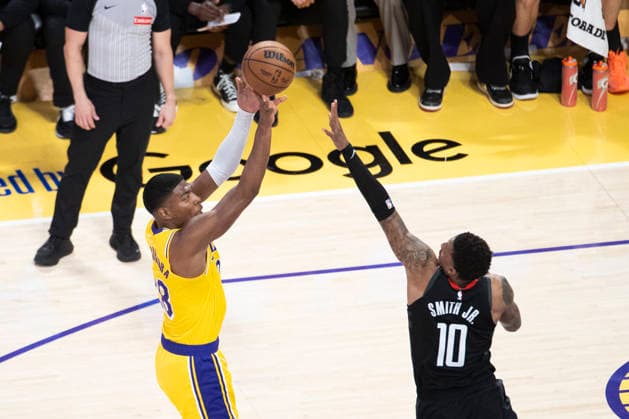 April 18, 2026, Los Angeles, California, USA: Los Angeles LakersÃ¢â‚¬â ¢ Rui Hachimura (28) shoots against Houston RocketsÃ¢â‚¬â ¢ Jabari Smith Jr. (10) during Game 1 of a first-round NBA, Basketball Herren, USA playoff series at Crypto.com Arena on Saturday, April 18, 2026 in Los Angeles. Los Angeles USA - ZUMAc68_ 20260418_zaf_c68_026 Copyright: xRingoxChiux