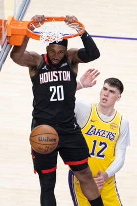 April 18, 2026, Los Angeles, California, USA: Houston RocketsÃ¢â‚¬â ¢ Josh Okogie (20) dunks against Los Angeles LakersÃ¢â‚¬â ¢ Jake LaRavia (12) during Game 1 of a first-round NBA, Basketball Herren, USA playoff series at Crypto.com Arena on Saturday, April 18, 2026 in Los Angeles. Los Angeles USA - ZUMAc68_ 20260418_zaf_c68_034 Copyright: xRingoxChiux
