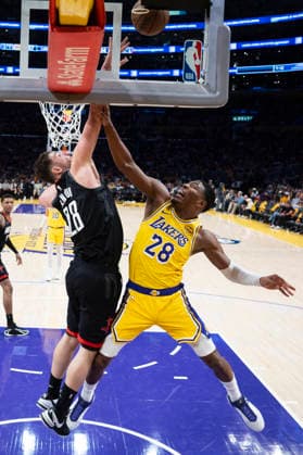 April 18, 2026, Los Angeles, California, USA: Los Angeles LakersÃ¢â‚¬â ¢ Rui Hachimura (28) shoots under pressure from Houston RocketsÃ¢â‚¬â ¢ Alperen Sengun (28) during Game 1 of a first-round NBA, Basketball Herren, USA playoff series at Crypto.com Arena on Saturday, April 18, 2026 in Los Angeles. Los Angeles USA - ZUMAc68_ 20260418_zaf_c68_086 Copyright: xRingoxChiux