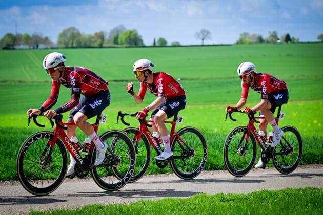 Belgian Jenno Berckmoes of Lotto-Intermarche, Spanish Lorenzo Rota of Lotto-Intermarche and Belgian Vito Braet of Lotto-Intermarche pictured in action during the men elite Amstel Gold Race one day cycling race, 257,4 km from Maastricht to Valkenburg, The Netherlands, Sunday 19 April 2026. DIRKxWAEM  x171315903x