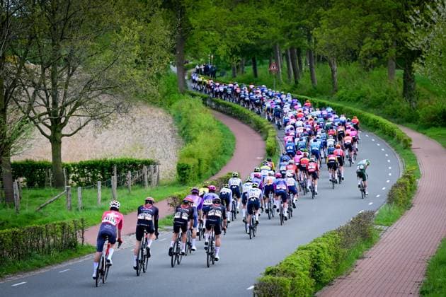The pack of riders pictured in action during the men elite Amstel Gold Race one day cycling race, 257,4 km from Maastricht to Valkenburg, The Netherlands, Sunday 19 April 2026. DIRKxWAEM  x171318663x