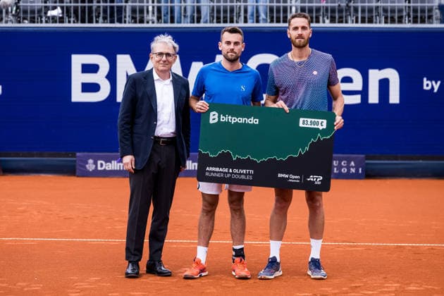 MUNICH, GERMANY - APRIL 19: Theo Arribage (FRA) Albano Olivetti (FRA) pose with the check during the trophy ceremony of the BMW Open by Bitpanda Doubles match between Jakob Schnaitter (GER) Mark Wallner (GER) vs Theo Arribage (FRA) Albano Olivetti (FRA) at MTTC Iphitos on April 19, 2026 in Munich, Germany. Bavaria Germany Copyright: xSteffiexWunderlx