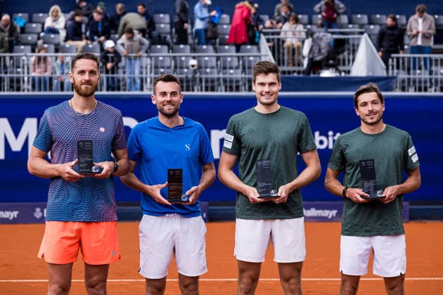 MUNICH, GERMANY - APRIL 19: Theo Arribage (FRA) Albano Olivetti (FRA) and Jakob Schnaitter (GER) Mark Wallner (GER) pose together with the trophies during the trophy ceremony of the BMW Open by Bitpanda Doubles match between Jakob Schnaitter (GER) Mark Wallner (GER) vs Theo Arribage (FRA) Albano Olivetti (FRA) at MTTC Iphitos on April 19, 2026 in Munich, Germany. Bavaria Germany Copyright: xSteffiexWunderlx